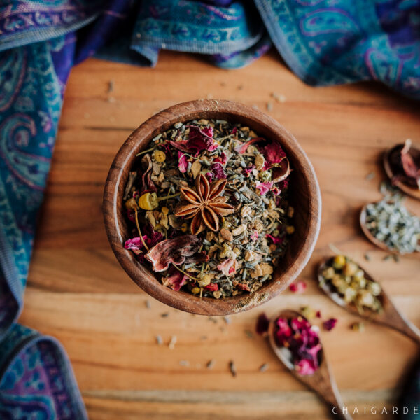 herbal pregnancy tea, postpartum tea, floral fantasy tea, organic herbal chai, chai with rose petals, chai with chamomile, lavender, hibiscus
